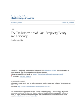 The Tax Reform Act of 1986: Simplicity, Equity, and Efficiency