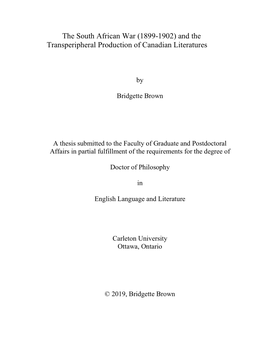 The South African War (1899-1902) and the Transperipheral Production of Canadian Literatures