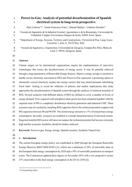 Power-To-Gas: Analysis of Potential Decarbonization of Spanish 2 Electrical System in Long-Term Prospective