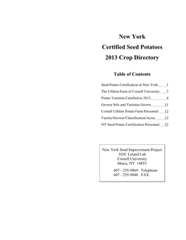 New York Certified Seed Potatoes 2013 Crop Directory