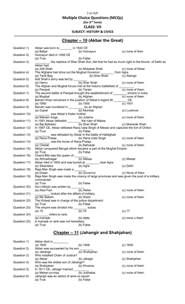 Multiple Choice Questions (Mcqs) (For 3Rd Term) CLASS: VII SUBJECT: HISTORY & CIVICS ======Chapter – 10 (Akbar the Great)