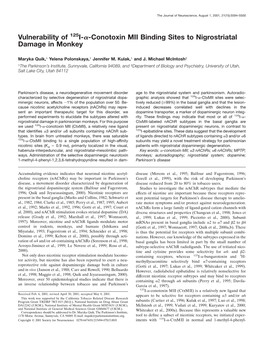 Conotoxin MII Binding Sites to Nigrostriatal Damage in Monkey