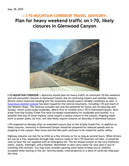 Plan for Heavy Weekend Traffic on I-70, Likely Closures in Glenwood Canyon