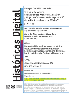 La Ira Y La Sombra. Los Arzobispos Alonso De Montúfar Y Moya De Contreras En La Implantación De La Contrarreforma En México” P