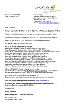 Temporary Traffic Restriction: Navenby/Coleby/Wellingore/Boothby Graffoe