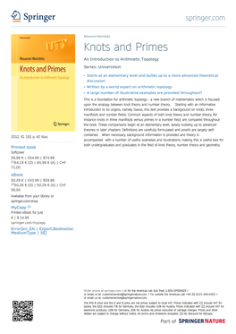 Knots and Primes an Introduction to Arithmetic Topology Series: Universitext