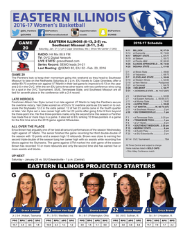 EASTERN ILLINOIS 2016-17 Women’S Basketball @EIU Panthers Eiupanthers Eiupanthernation Eiupanthers @EIUWBB Eiuwomensbasketball Eiuwbb EIUWBB