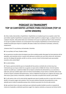 Podcast 23 Transcript Top 10 Cantantes Latinos Para Escuchar (Top 10 Latin Singers)