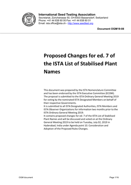 Proposed Changes for Ed. 7 of the ISTA List of Stabilised Plant Names