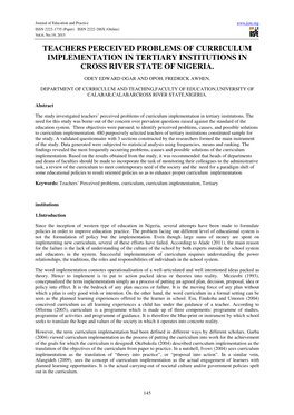 Teachers Perceived Problems of Curriculum Implementation in Tertiary Institutions in Cross River State of Nigeria