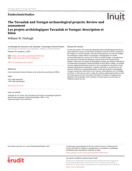 The Tuvaaluk and Torngat Archaeological Projects: Review and Assessment Les Projets Archéologiques Tuvaaluk Et Torngat: Description Et Bilan William W