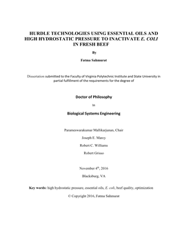 Hurdle Technologies Using Essential Oils and High Hydrostatic Pressure to Inactivate E. Coli in Fresh Beef