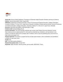 Article Title: Service Quality Satisfaction: Perceptions of Ghanaian Higher Education Students Learning at a Distance Authors