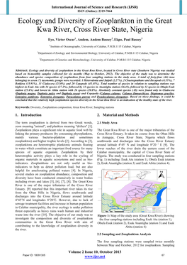 Ecology and Diversity of Zooplankton in the Great Kwa River, Cross River State, Nigeria