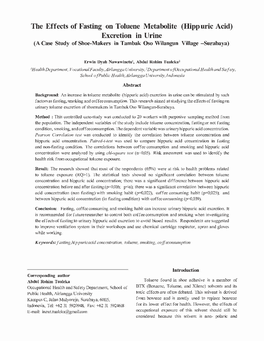 The Effects of Fasting on Toluene Metabolite (Hipp Uric Acid) Excretion in Urine (A Case Study of Shoe-Makers in Tambak Oso Wilangun Village -Surabaya)