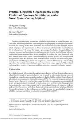 Practical Linguistic Steganography Using Contextual Synonym Substitution and a Novel Vertex Coding Method