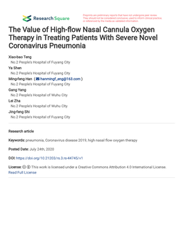 The Value of High-Flow Nasal Cannula Oxygen Therapy in Treating Patients with Severe Novel Coronavirus Pneumonia