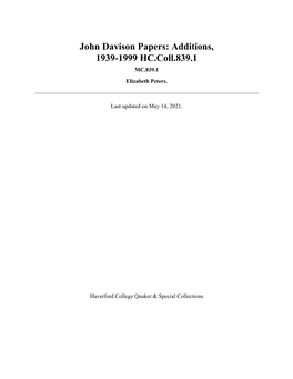 John Davison Papers: Additions, 1939-1999 HC.Coll.839.1 MC.839.1 Elizabeth Peters