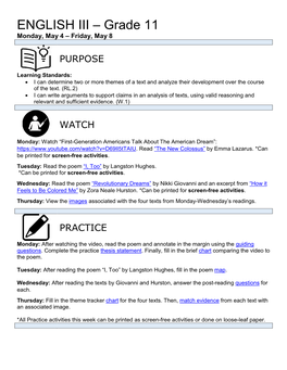 ENGLISH III – Grade 11 Monday, May 4 – Friday, May 8