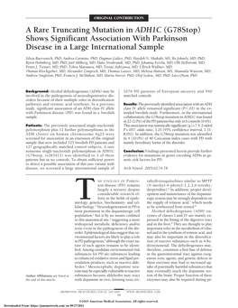 A Rare Truncating Mutation in ADH1C (G78stop) Shows Significant Association with Parkinson Disease in a Large International Sample