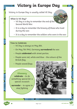 VE Day Differentiated Reading Comprehension Activity