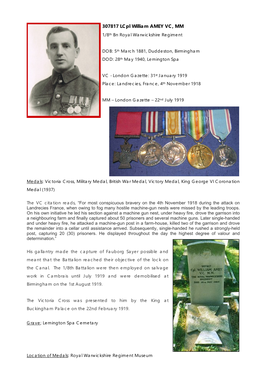 307817 Lcpl William AMEY VC, MM 1/8Th Bn Royal Warwickshire Regiment