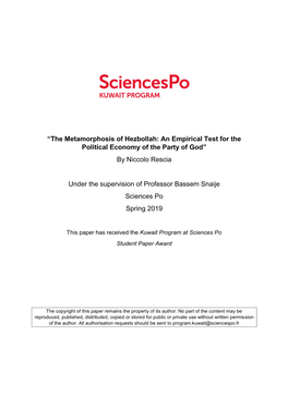 The Metamorphosis of Hezbollah: an Empirical Test for the Political Economy of the Party of God” by Niccolo Rescia