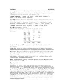 Larsenite Pbznsio4 C 2001 Mineral Data Publishing, Version 1.2 ° Crystal Data: Orthorhombic