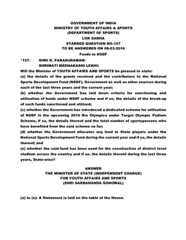 LOK SABHA STARRED QUESTION NO.157 to BE ANSWERED on 08-03-2016 Funds to NSDF *157