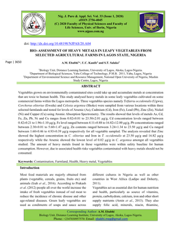 Bio–Assessment of Heavy Metals in Leafy Vegetables from Selected Agricultural Farms in Lagos State, Nigeria