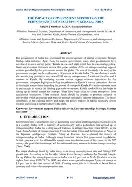 THE IMPACT of GOVERNMENT SUPPORT on the PERFORMANCE of STARTUPS in KERALA, INDIA Ranjini S Nambiar & Dr