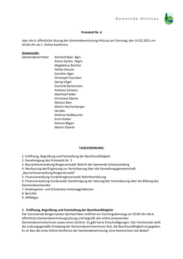 Gemeinde Hittisau Protokoll Nr. 6 Über Die 6. Öffentliche Sitzung Der