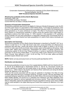 Conservation Assessment of Rhodomyrtus Psidioides (G.Don) Benth (Myrtaceae) Rachael Gallagher, April 2018 NSW Threatened Species Scientific Committee