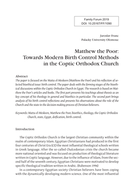 Towards Modern Birth Control Methods in the Coptic Orthodox Church