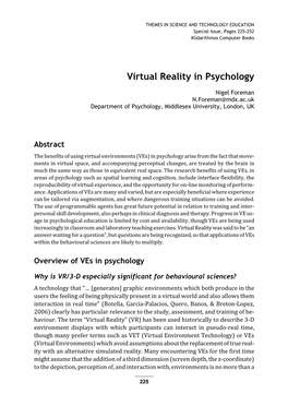 Virtual Reality in Psychology