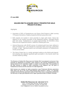 Golden Rim to Acquire Highly Prospective Gold Projects in Mali
