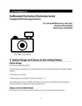 Pyrrhulina Laeta) Ecological Risk Screening Summary