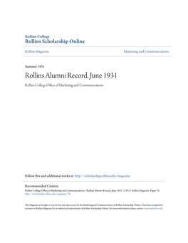 Rollins Alumni Record, June 1931 Rollins College Office Ofa M Rketing and Communications