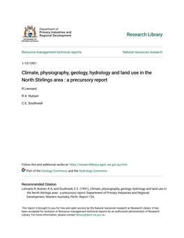 Climate, Physiography, Geology, Hydrology and Land Use in the North Stirlings Area : a Precursory Report