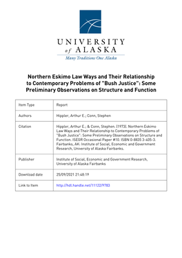 Northern Eskimo Law Ways and Their Relationship to Contemporary Problems of 