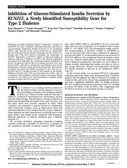 Inhibition of Glucose-Stimulated Insulin Secretion by KCNJ15, a Newly Identiﬁed Susceptibility Gene for Type 2 Diabetes