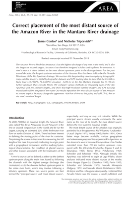 Correct Placement of the Most Distant Source of the Amazon River in the Mantaro River Drainage