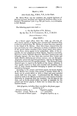 John Gould, Esq., F.R.S., V.P., in the Chair. 1. on the Spiders of St. I-Iclcnn. 13Y the Rev. 0. P. CA~IIBILIUOE, M.Ll, C.M.Z.S