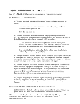 Telephone Consumer Protection Act 47 USC §