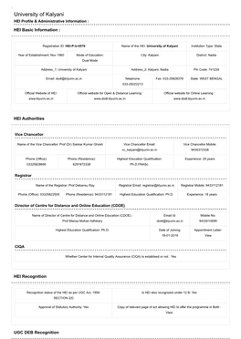 University of Kalyani HEI Profile & Administrative Information