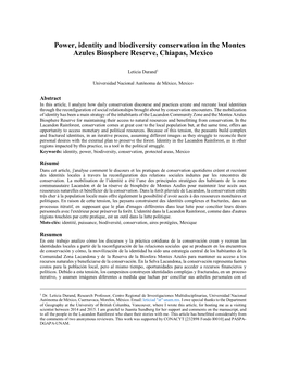 Power, Identity and Biodiversity Conservation in the Montes Azules Biosphere Reserve, Chiapas, Mexico