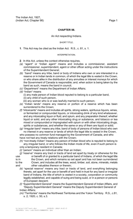 The Indian Act, 1927, (Indian Act, Chapter 98) Page 1