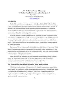 On the Labor Theory of Property: Is the Problem Distribution Or Predistribution? David Ellerman University of California/Riverside Introduction