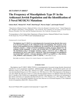 The Frequency of Mucolipidosis Type IV in the Ashkenazi Jewish Population and the Identification of 3 Novel MCOLN1 Mutations