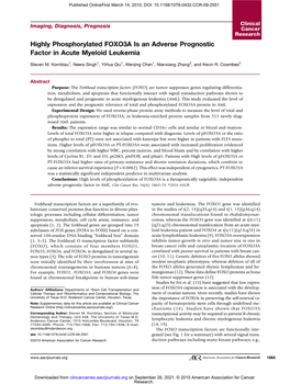 Highly Phosphorylated FOXO3A Is an Adverse Prognostic Factor in Acute Myeloid Leukemia